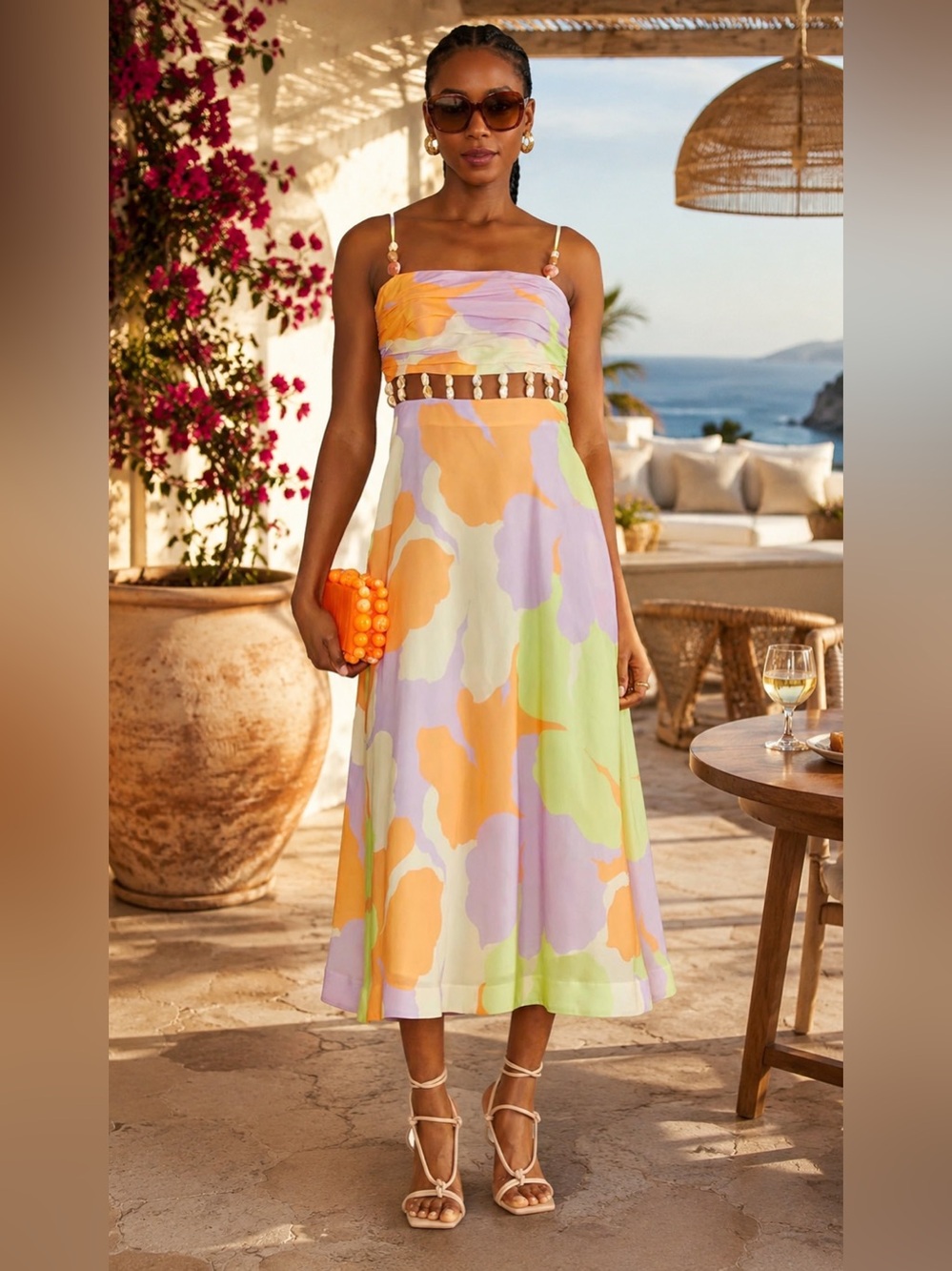 AMUR‎ Pastel Floral Cutout Midi Dress Beaded Straps Resort Dress Size 8